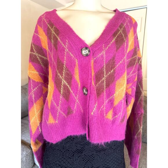 Daydreamer Fuchsia Sunset Argyle Cardigan Size Large NWT - Picture 2 of 7